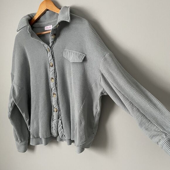 Pink Lily Women's Blue Cropped Waffle Button Up Top Relaxed Fit Women's Size XL - Picture 5 of 8